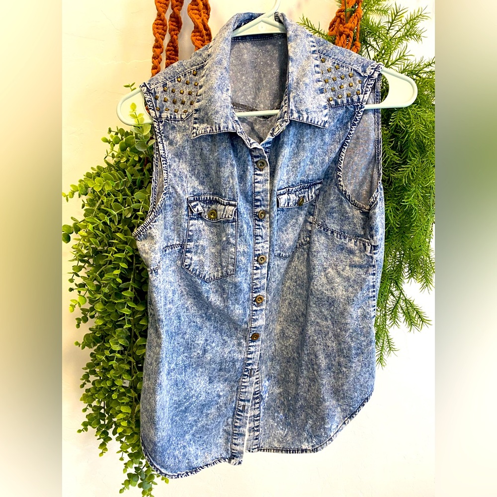 Denim Studded Sleeveless Shirt